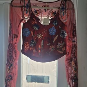 Embroidered Floral Mesh Top - Red